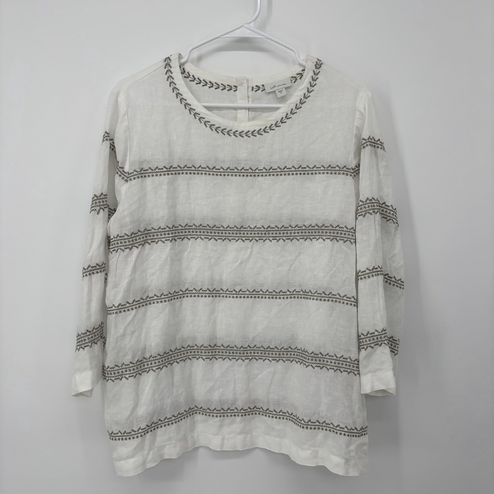 J. Jill Love Linen Top Embroidery White Pullover‎  Breathable Summer Size Medium